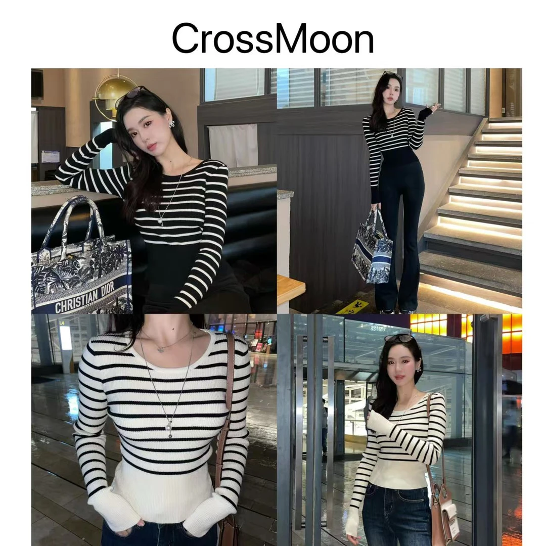 【千一专属】细条纹修身长袖针织打底衫