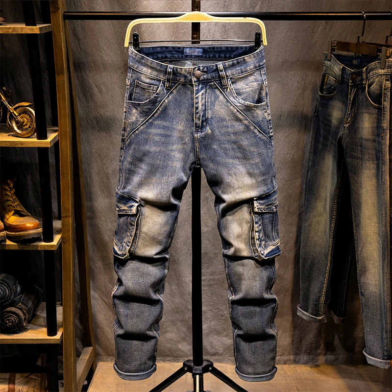 秋季新款胖子大码工装牛仔裤男潮牌痞帅复古多口袋直筒宽松长裤子