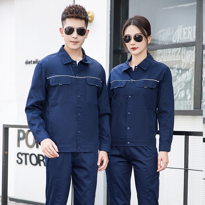 春秋纯棉薄款透气耐磨织带反光条钮扣工作服工厂车间工地劳保长袖