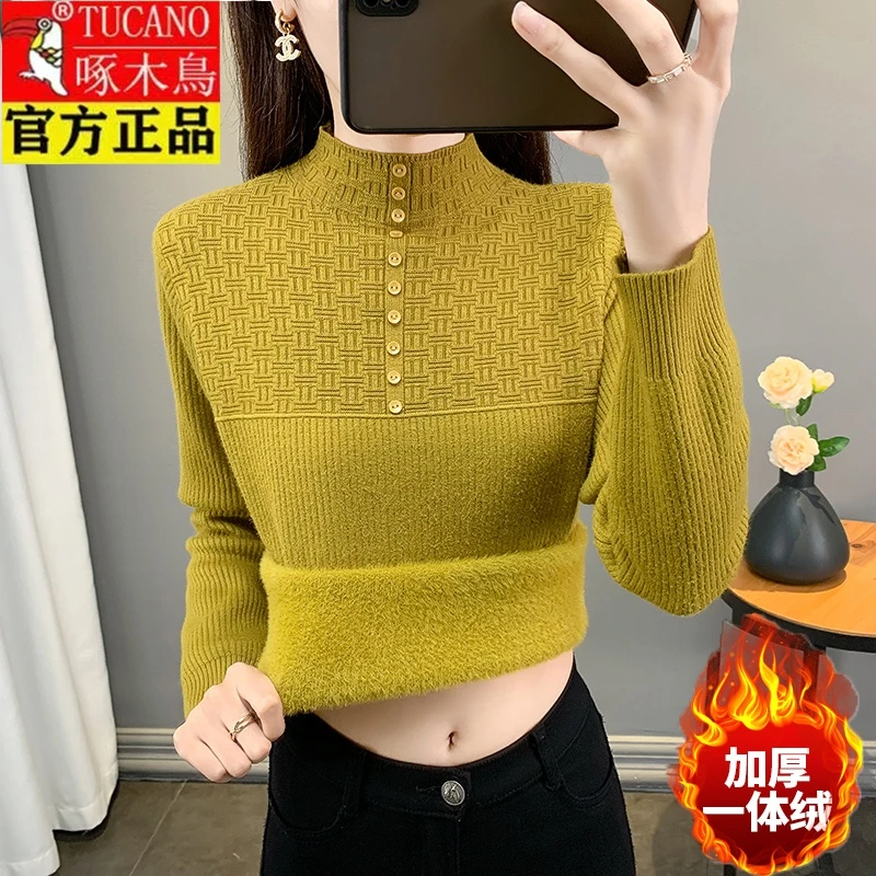 啄木鸟羊毛衫女冬季新款一体绒毛衣半高领保暖打底衫修身加绒加厚