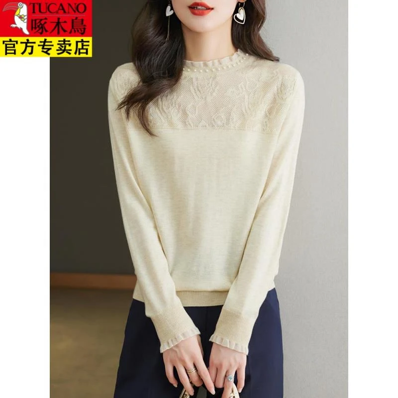 啄木鸟打底衫女秋冬2023新款时尚气质半高领钩花针织衫气质宽松内