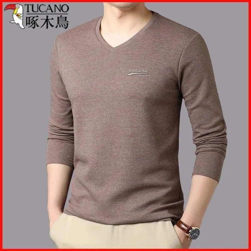 啄木鸟长袖T恤男纯色V领秋冬季男装打底衫中年男士宽松休闲上衣服