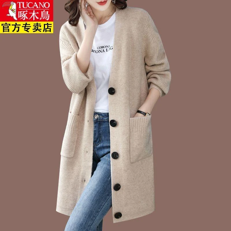 啄木鸟毛衣外套女秋冬装新款加厚羊毛针织开衫春秋中长款宽松外搭