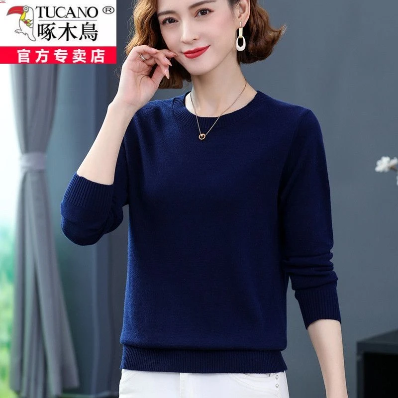 啄木鸟羊毛衫女薄款圆领羊毛针织打底衫秋冬纯色宽松内搭女士毛衣