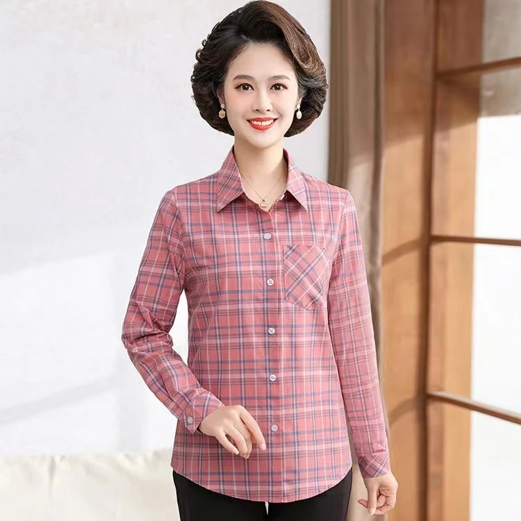 2024年新款春季妈妈装衬衣长袖洋气中老年时尚中年格子 衬衫大码