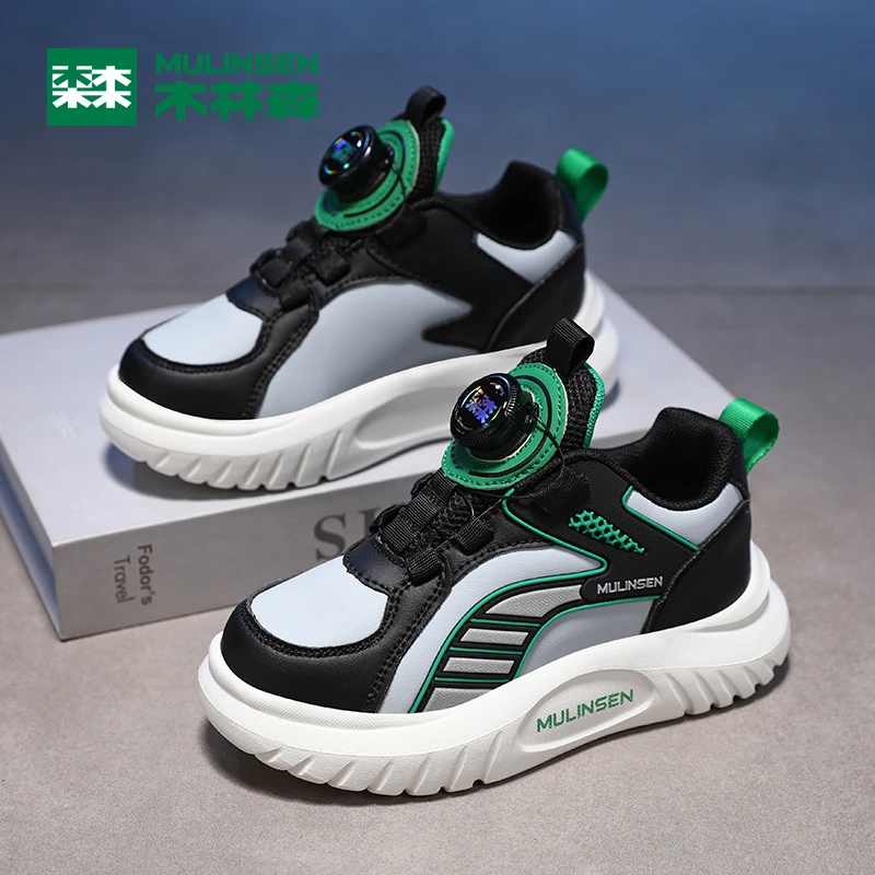 木林森童鞋2024秋季新款男童皮面防水中大童儿童轻便运动鞋跑步鞋