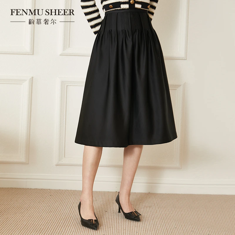 【籽言专属】粉慕奢尔「黑天鹅」赫本风高腰压褶伞裙花苞半裙-B1202