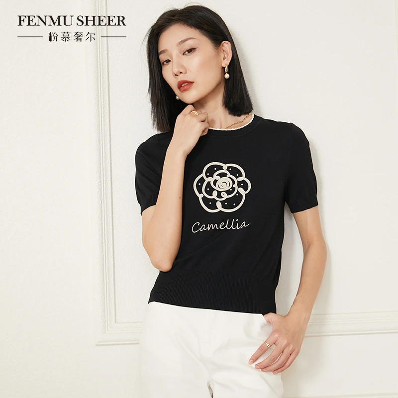 【丽公主专属】粉慕奢尔「山茶花」撞色冰丝刺绣针织衫W1357