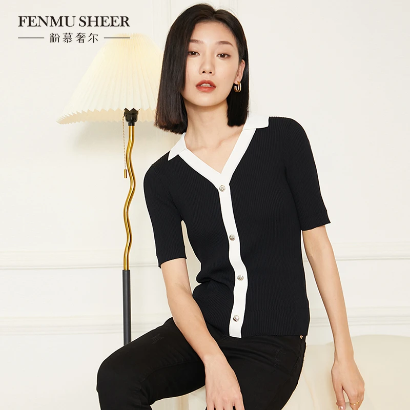 【丽公主专属】粉慕奢尔「法式邂逅」修身POLO领竖坑条针织衫-W1358