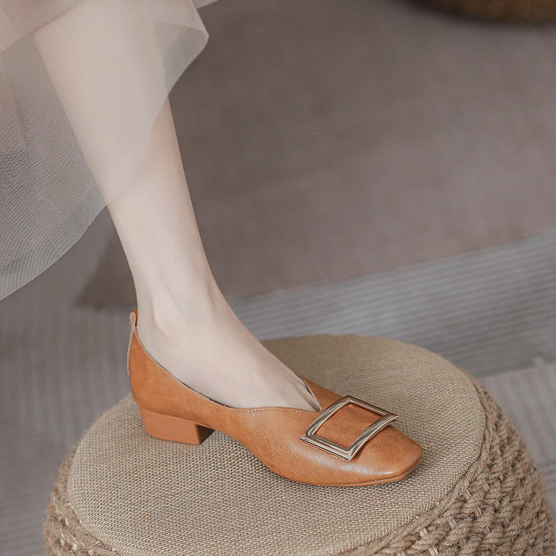 黑色工作鞋女小方头平底平跟春夏职业上班面试软底软皮单鞋一脚蹬