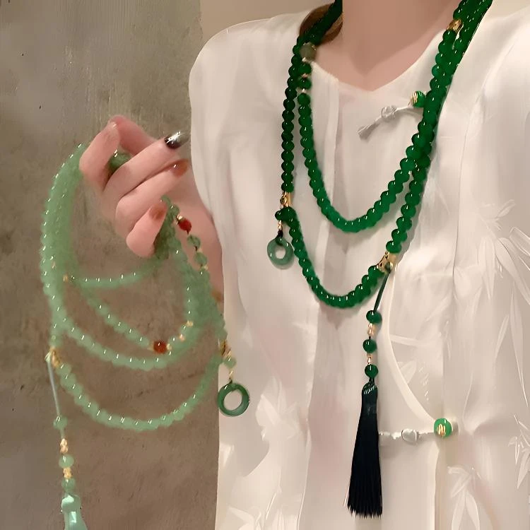 合金玻璃项链 新中式古风长款斜挎链马面裙叠戴轻奢气质手工项链