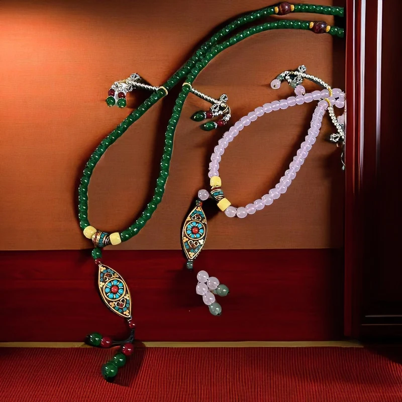 合金玻璃项链 流苏复古旗袍古装项链斜挎链多层平安扣唐卡女小众