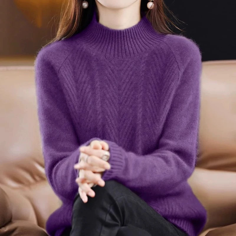鄂尔多斯市纯100羊绒衫女秋冬半高领加厚宽松羊毛衫毛衣女针织衫