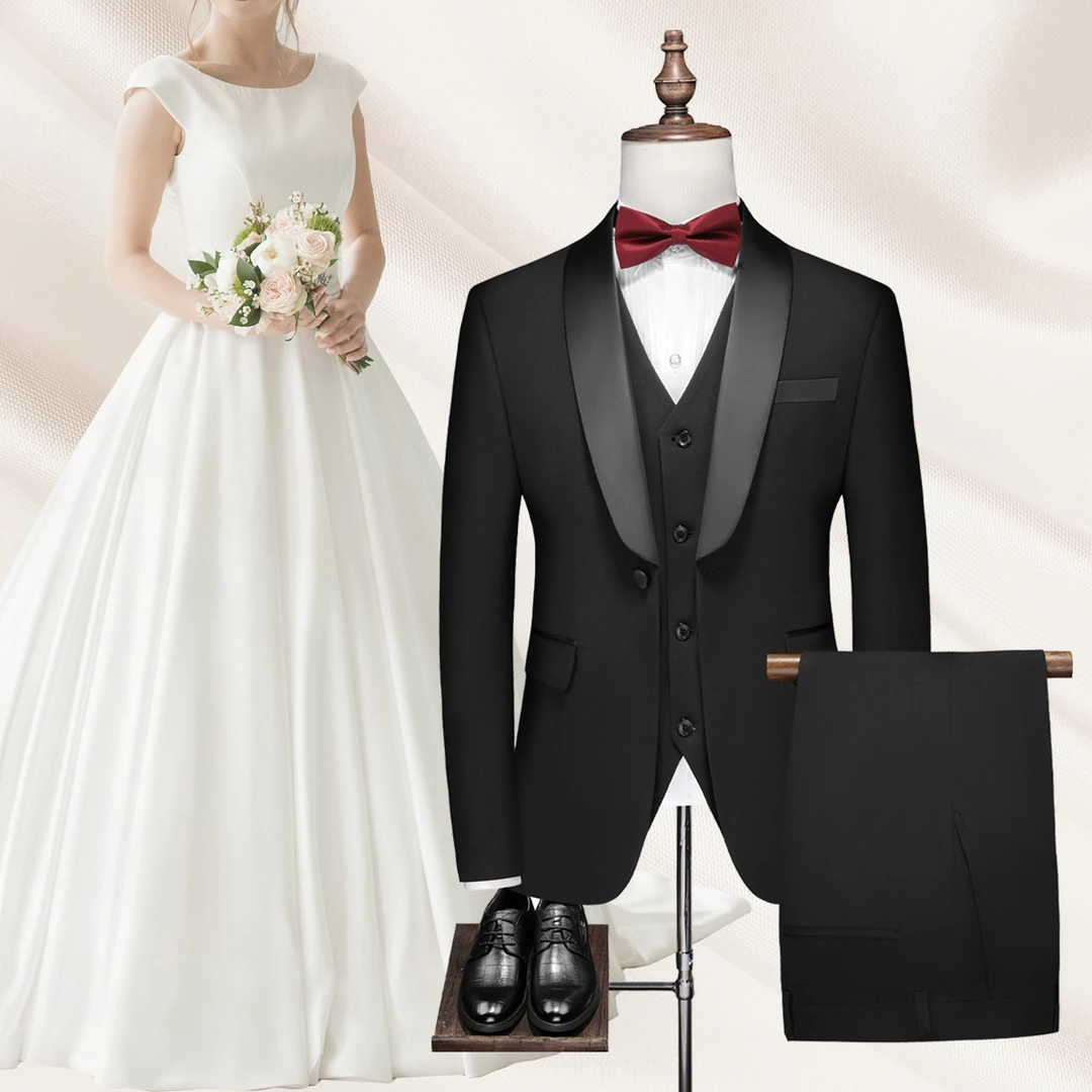 高定款男士结婚宴会塔士多婚礼修身西服青果领四件套新郎结婚西服