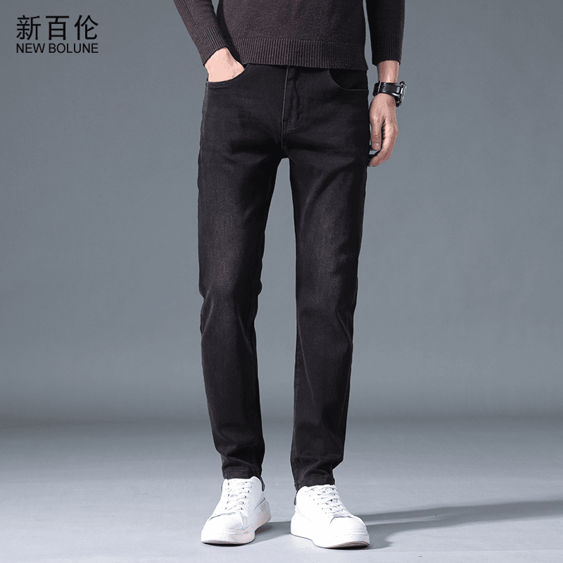 新百伦春秋男士黑色修身小脚牛仔裤2023新款百搭休闲弹力流行长裤