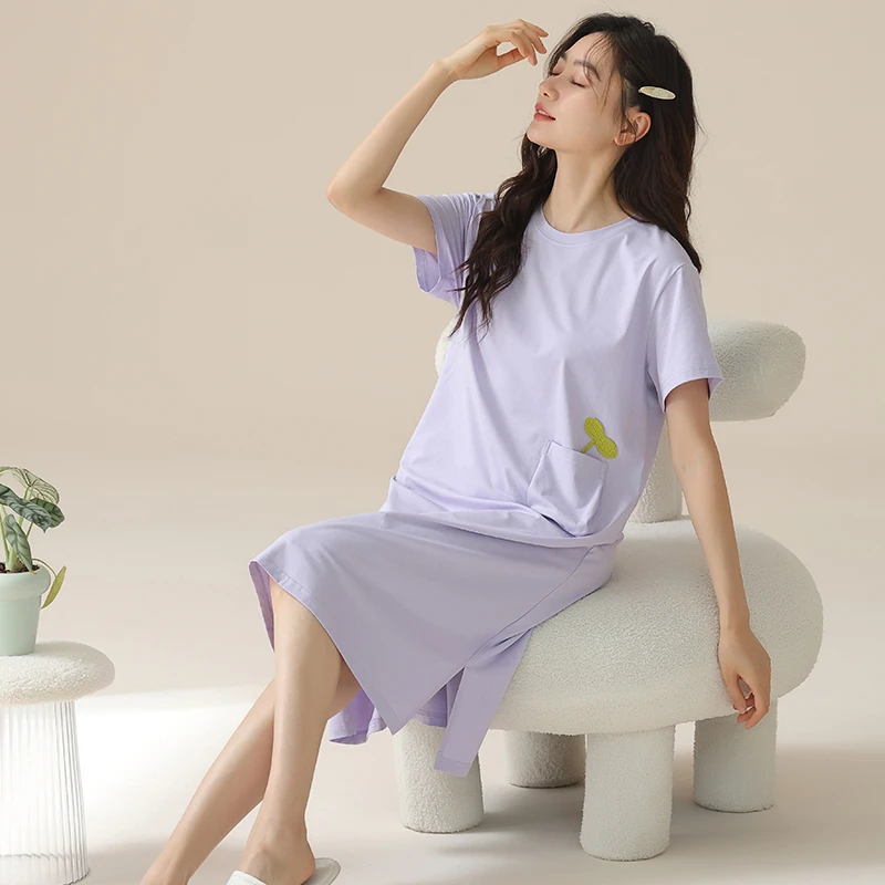 夏天睡裙带胸垫睡衣女纯色短袖宽松中裙圆领休闲家居服简约可外穿