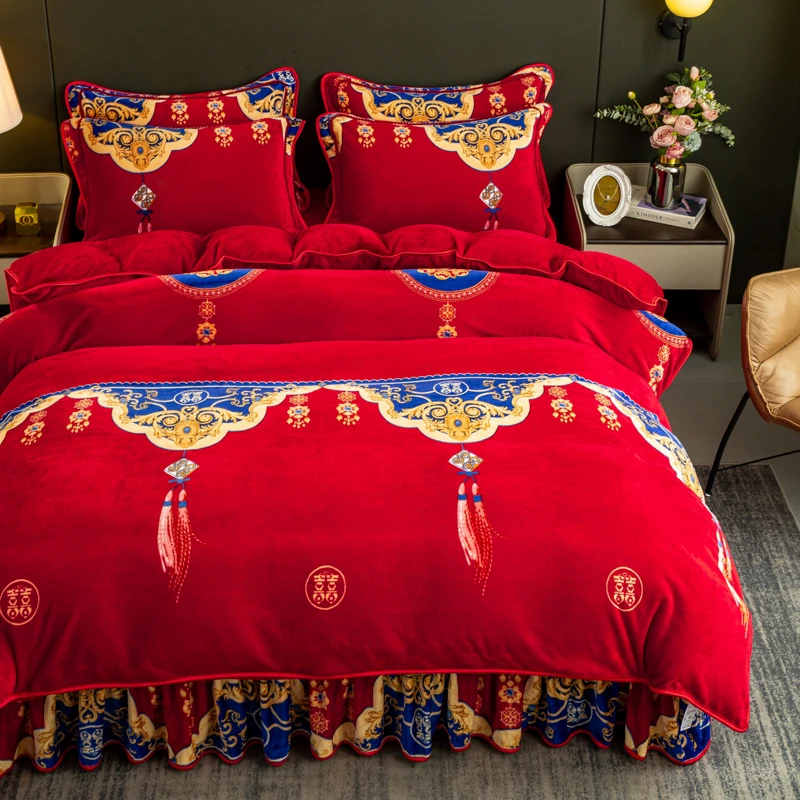 冬季加厚牛奶绒四件套婚庆款结婚保暖亲肤印花双面绒加绒床裙款