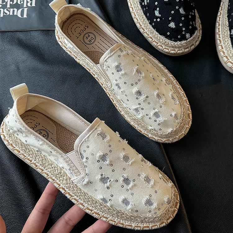 【正品保真】俄罗斯外贸渔夫鞋女亮片草编老北京布鞋一脚蹬单鞋女