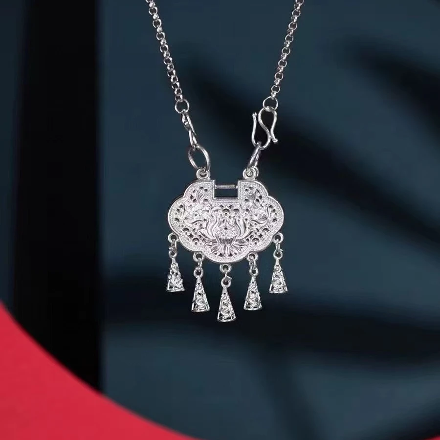 吊坠足银 足银999新中式古风莲花流苏气质银锁民族风项链锁骨链