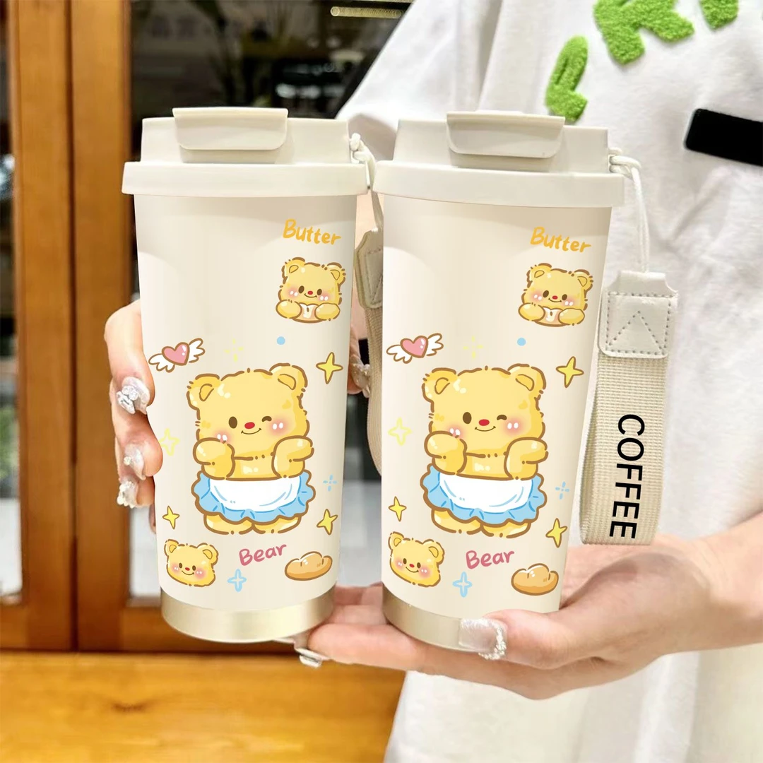黄油小熊大容量保温杯男女学生吸管运动车载水杯保冷杯双饮咖啡杯