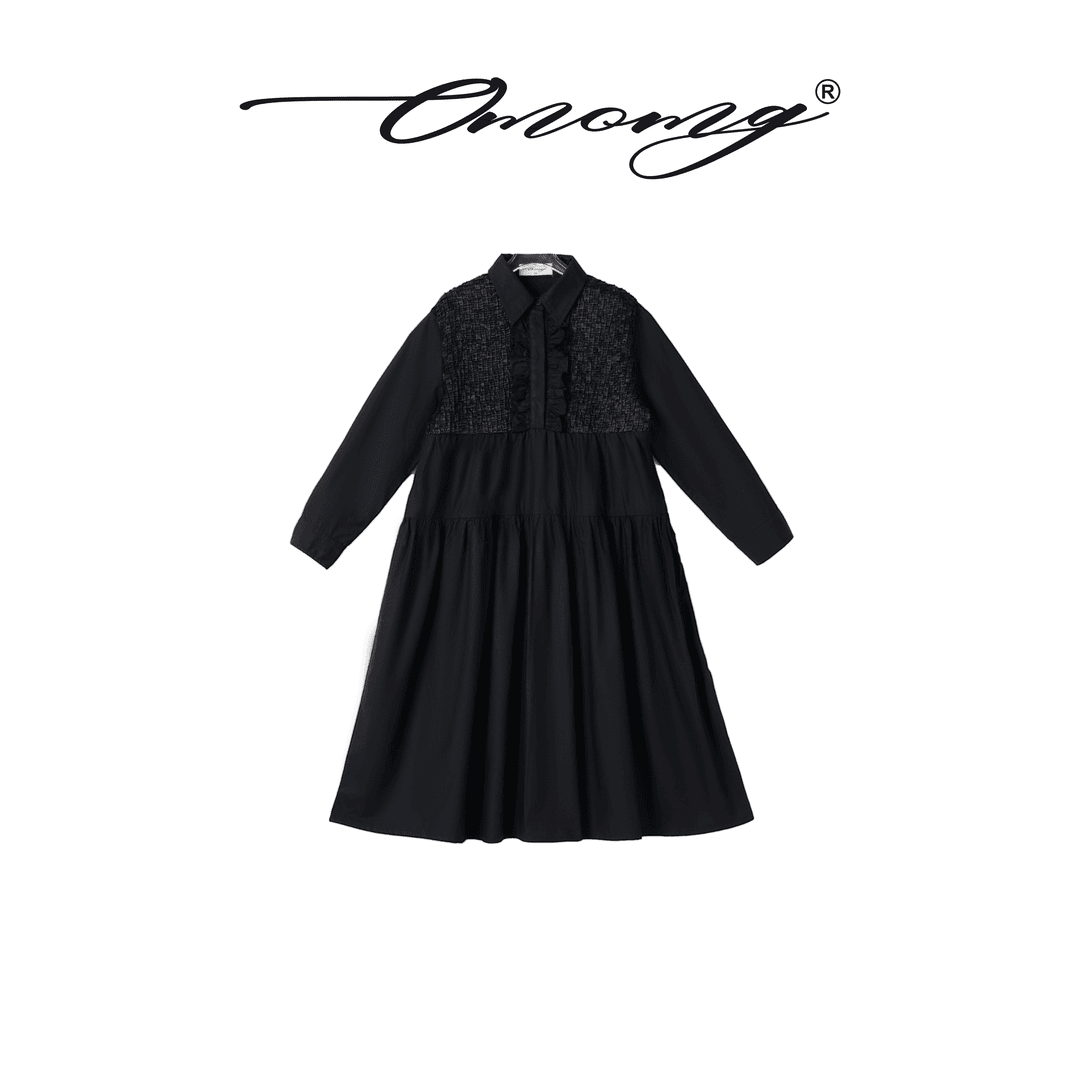 OMOMG女童长袖连衣裙时尚百搭休闲设计师款长袖墨绿色