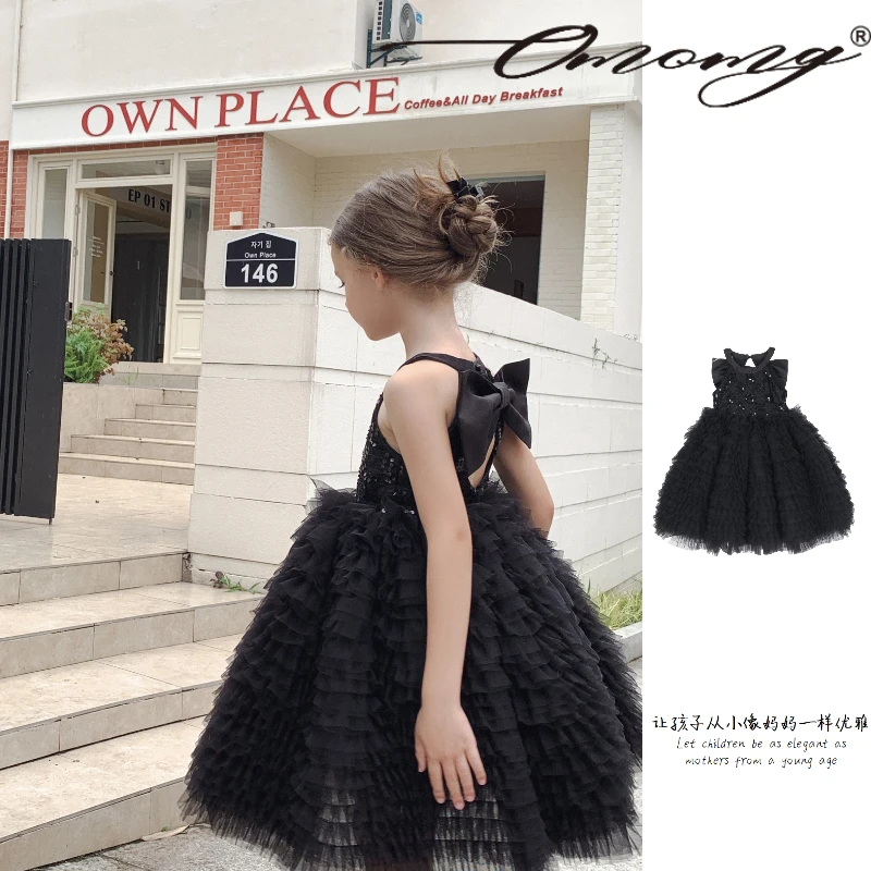 OMOMG女童黑天鹅连衣裙无袖优雅走秀设计师款甜美拼接高级G4X513