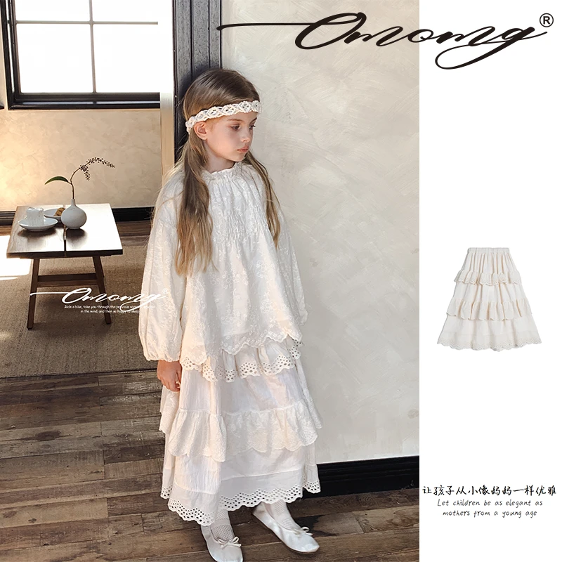 OMOMG女童白色半裙蕾丝气质百搭时尚洋气拼接设计师款