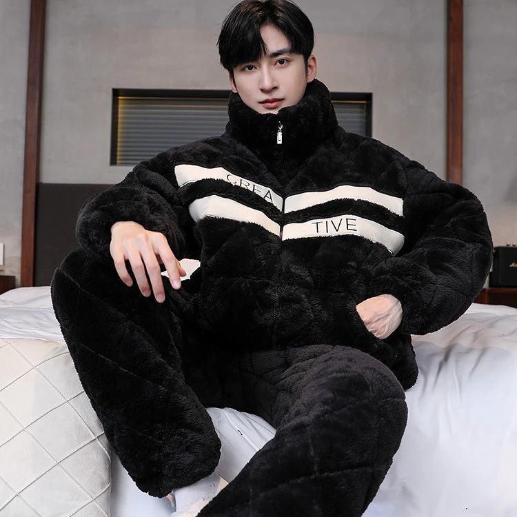 睡衣男冬2024加厚高颜值法兰绒睡衣棉服套装珊瑚绒保暖夹棉家居服