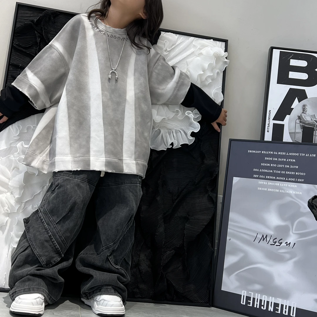 【H93潮牌卫衣】男女童2024新款韩系休闲宽松假两件百搭上衣样5057