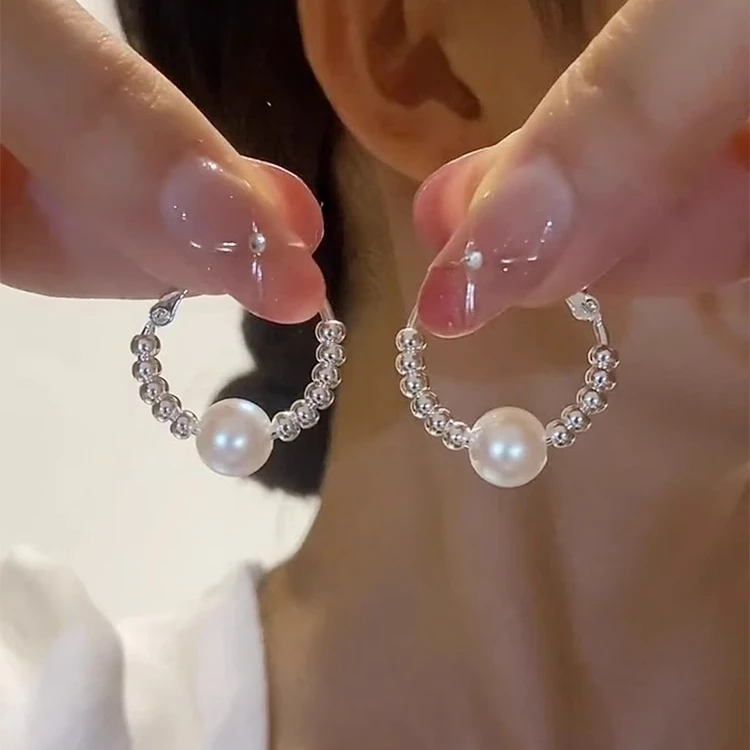 轻奢珠珠碎银子圈圈耳环925银针高级感气质耳圈耳扣显脸瘦耳饰品