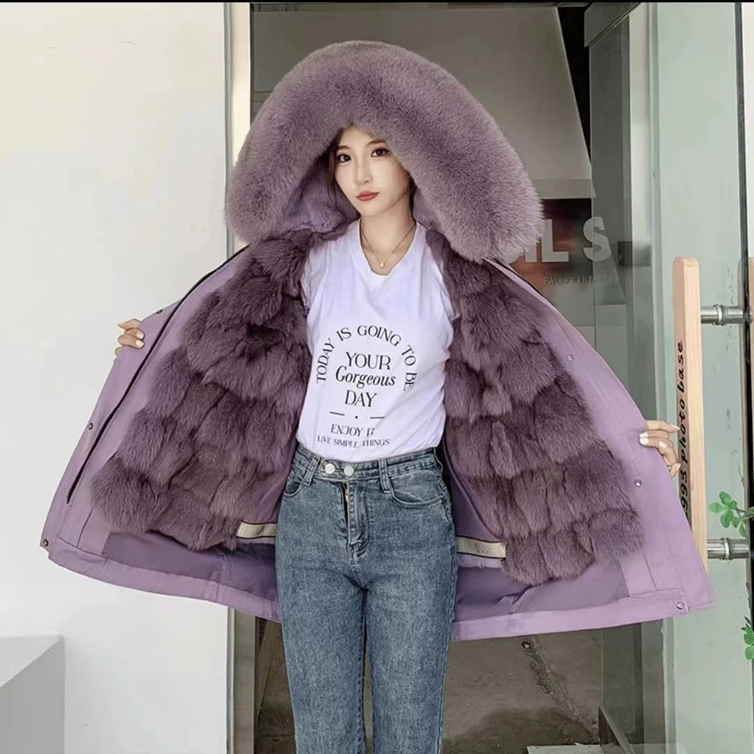 【狐美人】新款冬季中长款毛领连帽保暖派克服简约风外套