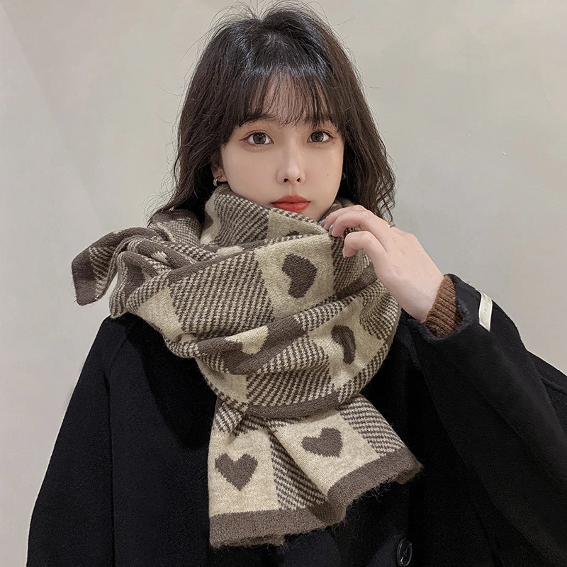 i冬季保暖百搭围爱心格子围巾女冬季韩版日系百搭ins潮软妹加厚保