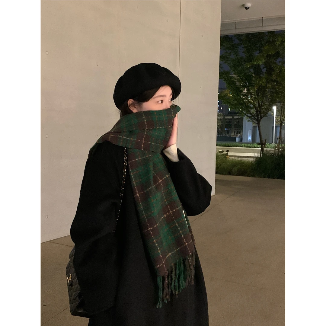 i复古百搭冬天围巾显白绿格纹新年红围巾女冬季保暖学生长款披肩