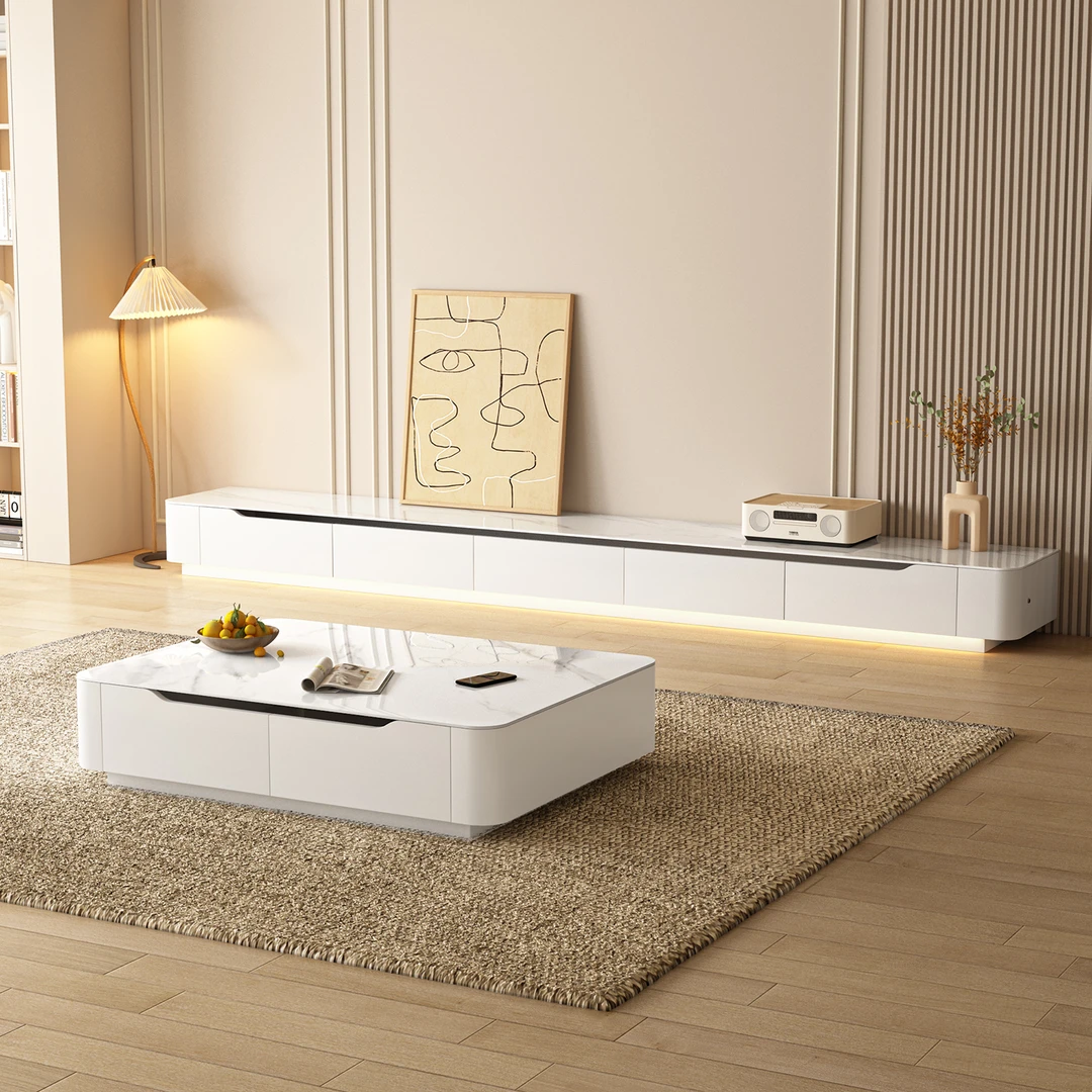 轻奢意式极简实木生态板岩板茶几电视柜组合套装客厅落地高光