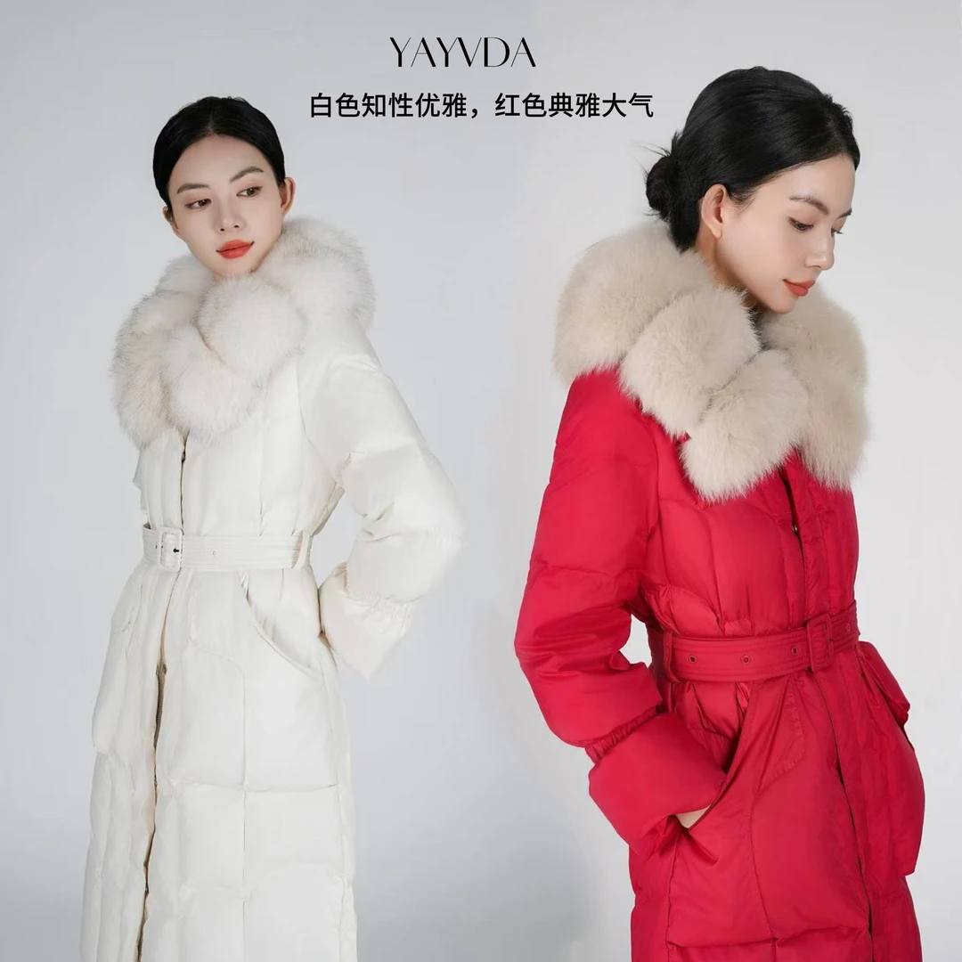 【真狐狸大毛领真鹅绒】女士收腰加厚中长款羽绒服冬季保暖羽绒服