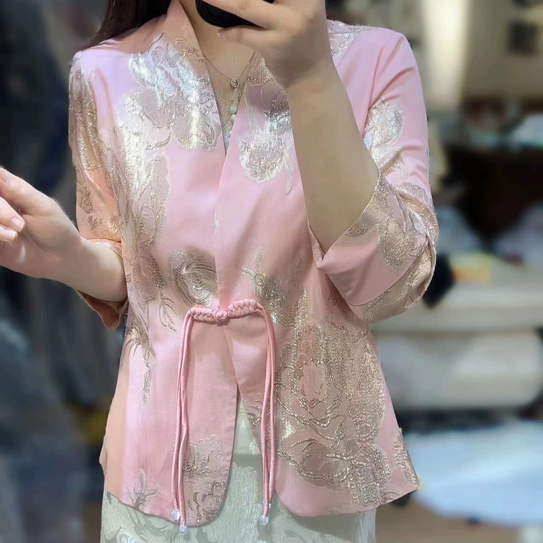 【深圳首选】新中式女高端醋酸提花立领系带衬衫春夏装国风宽松上衣