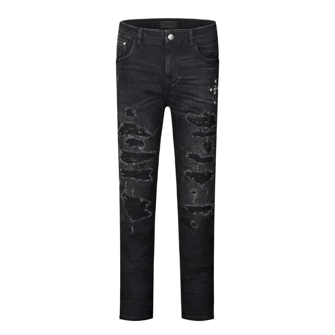 CARLOS HEARTS秋冬男士烫钻贴布破洞洗水修身小弯刀直筒长牛仔裤