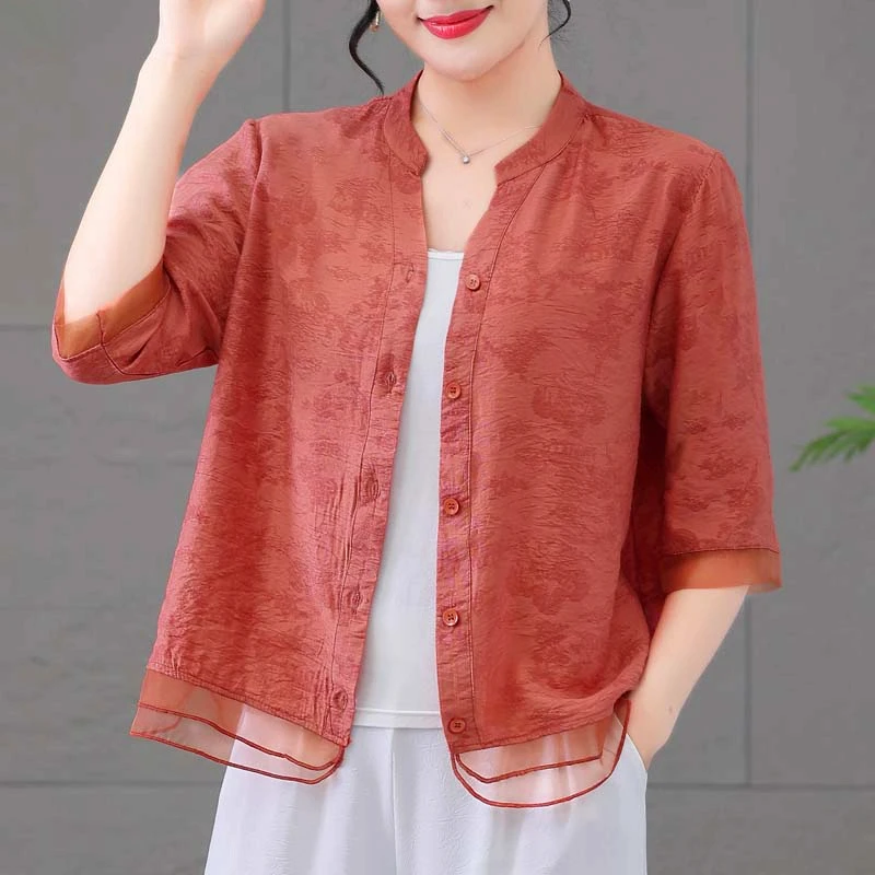 2024新款夏季女文艺休闲开衫上衣百搭T恤中老年女大码复古国风