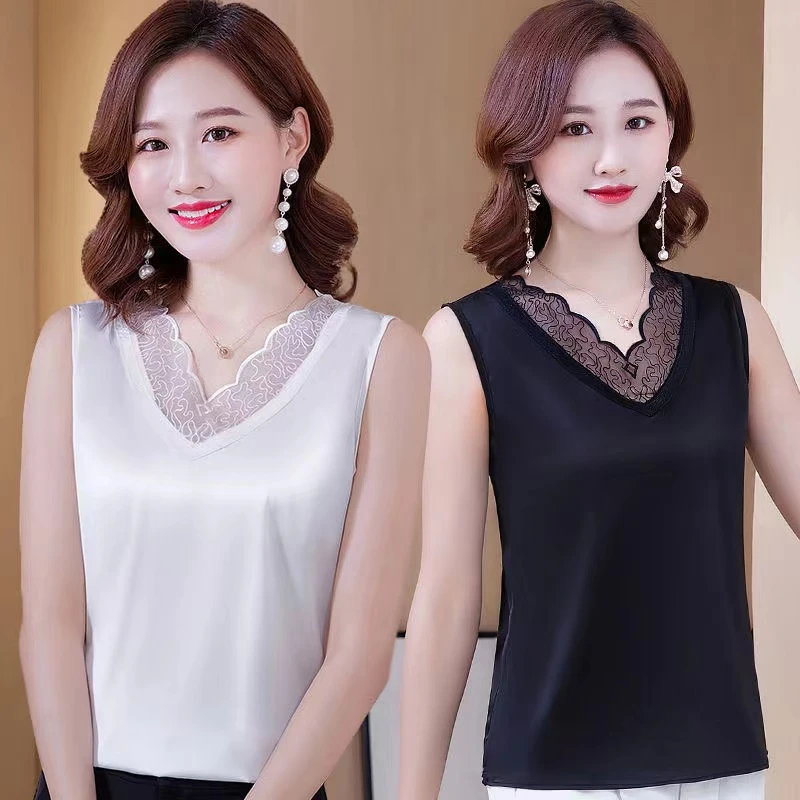 大码宽松蕾丝吊带V领女夏外穿西装内搭打底缎面背心无袖显瘦洋气