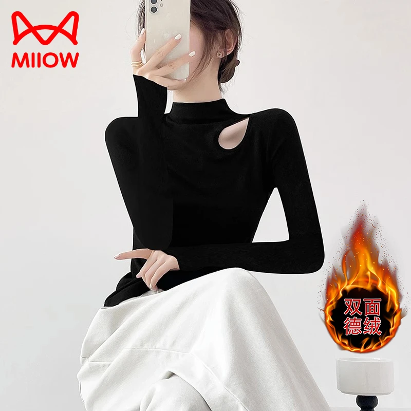 MiiOW/猫人黑色半高领螺纹加厚女2024年秋冬长袖上衣打底衫百搭