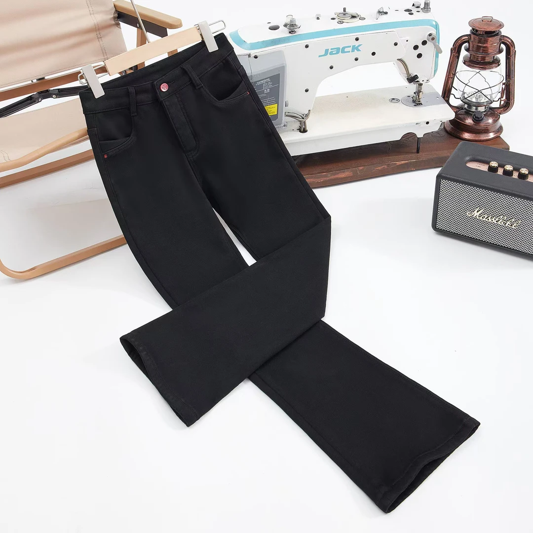 FDN牛仔冬季纯黑加绒中腰完美弹修身显瘦时尚潮流女士微喇牛仔裤