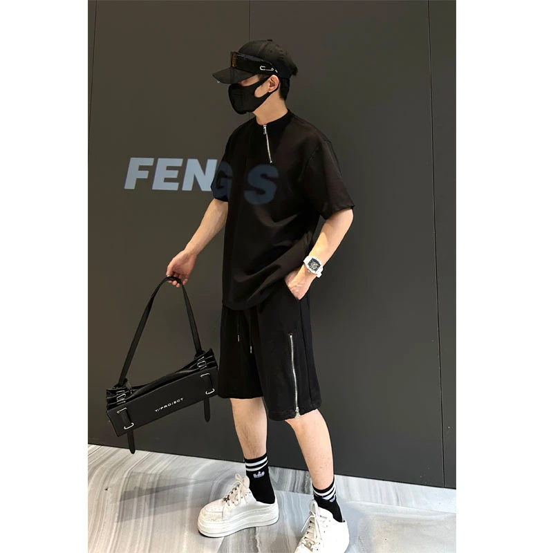 尚锋23-9夏季拉链设计款潮流时尚短袖套装男士四面弹面料薄款套装