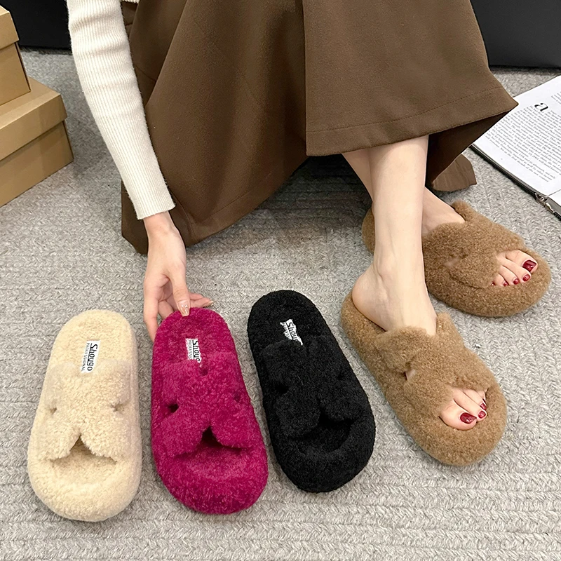 厚底毛拖鞋女款网红时尚休闲百搭秋冬新款爆款一字拖软底防滑棉拖