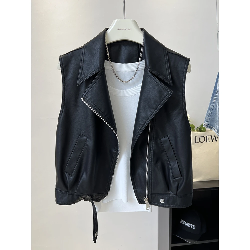 欧货V领大翻领短款皮衣马夹女2025年秋款无袖街头机车夹克短外套