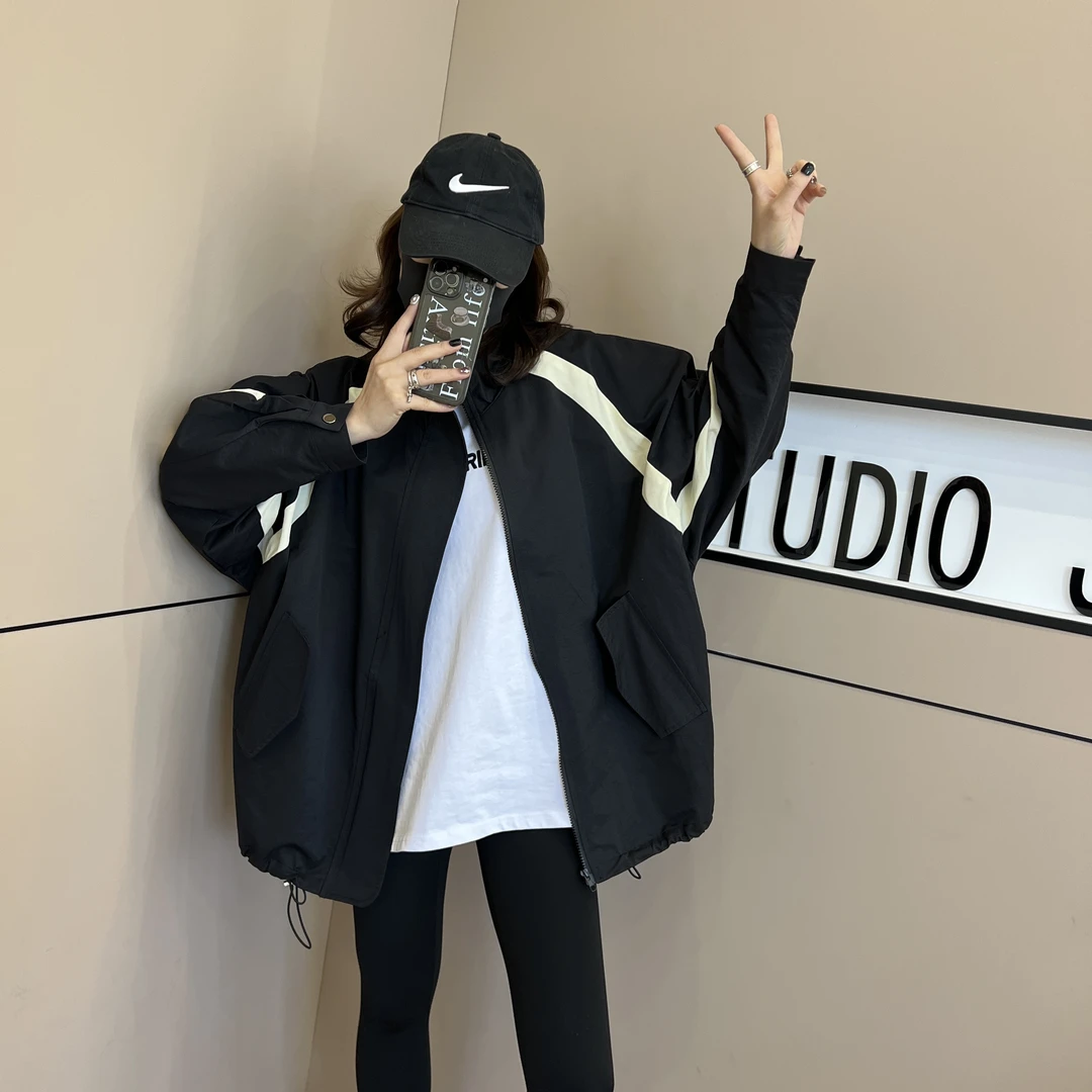 新款黑白条纹撞色棒球棉服外套女韩版休闲百搭冲锋衣拼接风衣立领