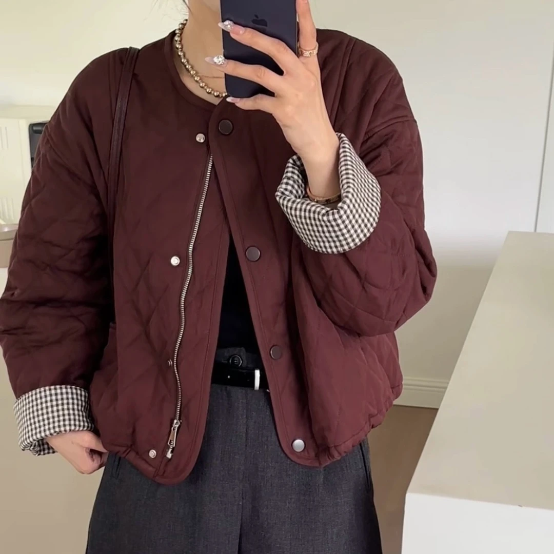 格子拼接薄款棉衣夹棉短外套时尚菱格棒球服女装秋新款夹克衫2024