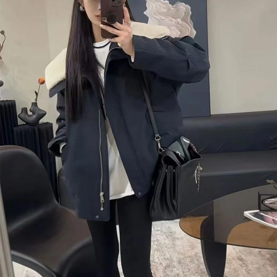 韩版时尚大翻领夹棉加厚撞色棉服外套女2025冬季新款休闲保暖棉衣