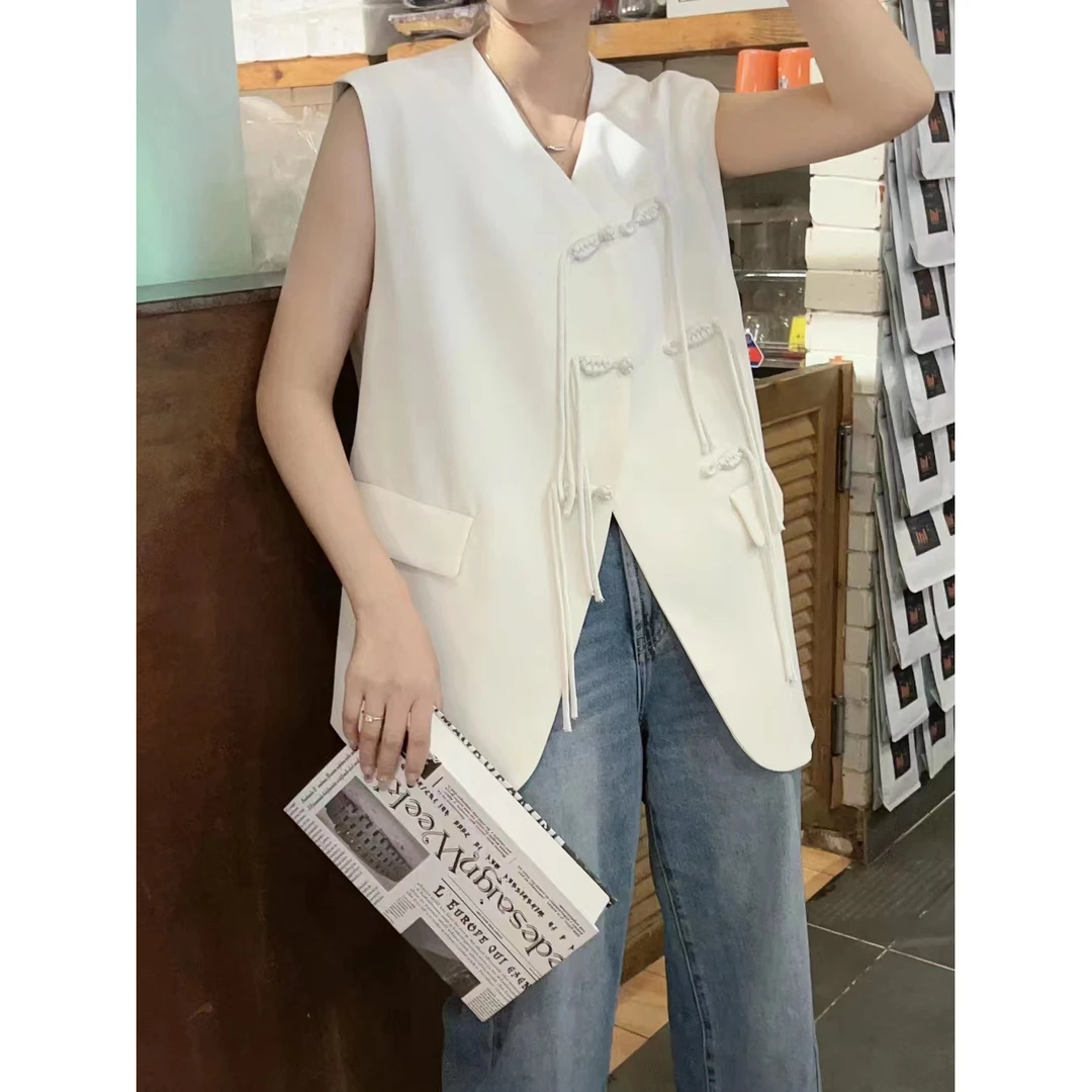 盘扣中国风马甲女欧货2025春夏新款宽松显瘦时尚流苏中式西装马夹