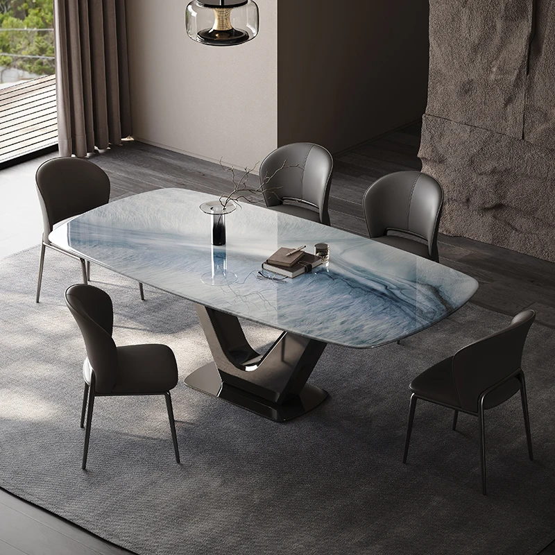 轻奢岩板餐桌椅组合家用吃饭桌复古简约小户型长方形高级西餐桌FS