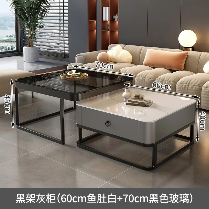 轻奢岩板茶几小户型客厅家用现代简约方形玻璃岩板茶几电视柜组合